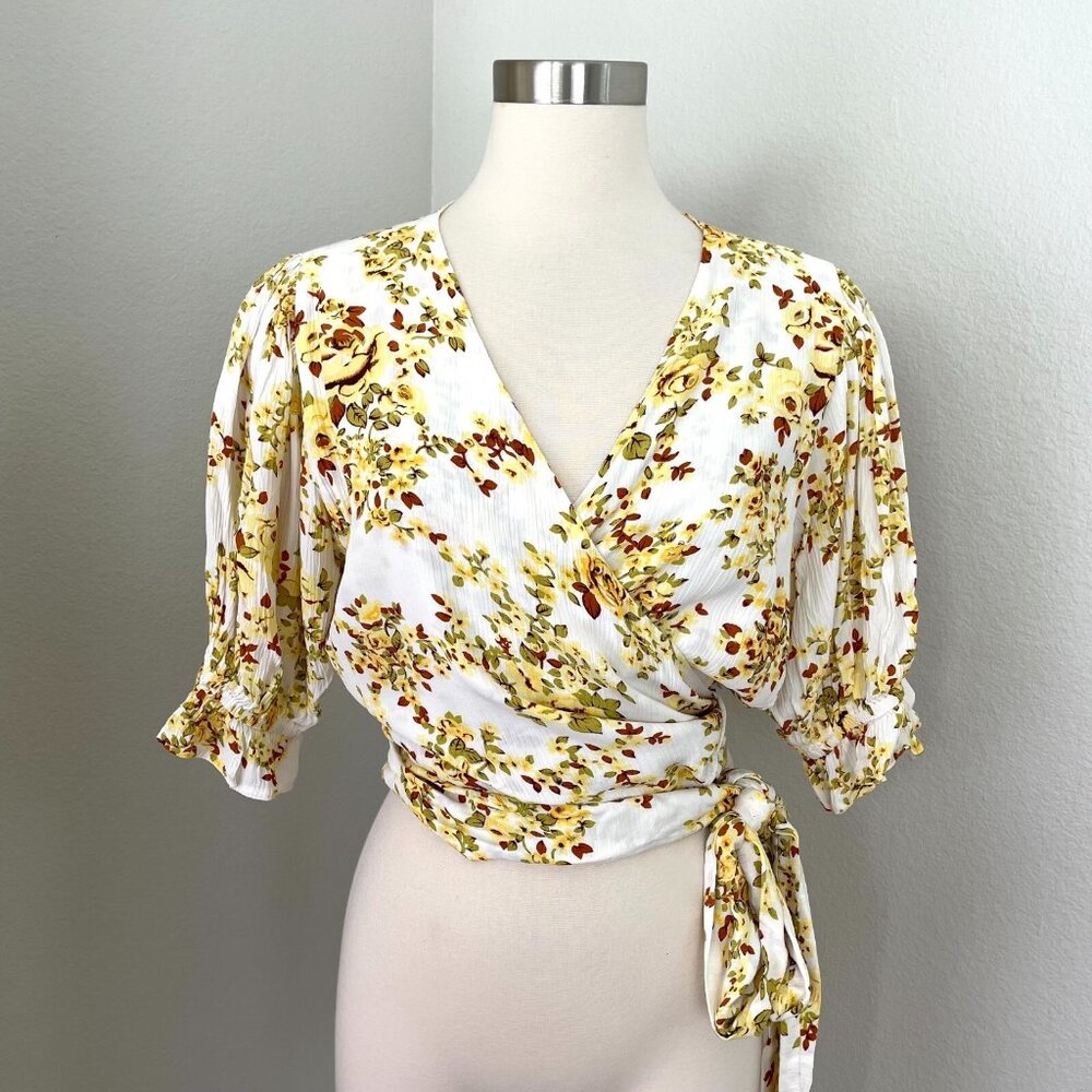 Faithfull The Brand Womens Large‎ Mali Wrap Top Goldie Floral Off White Blouse